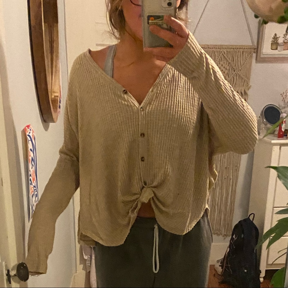 Out From Under Jojo oversized waffle knit button-front top